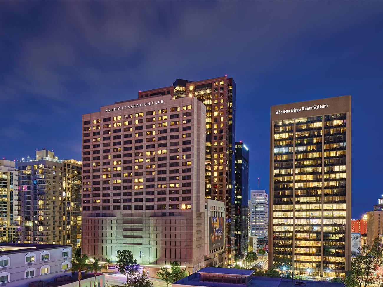 Exterior of Marriott Vacation Club resort timeshare in downtown San Diego at dusk